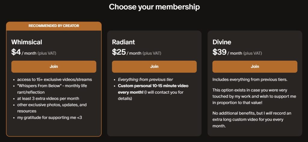 An example of a Patreon tier pricing for an ASMRtist YouTuber