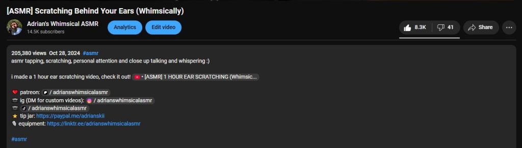 Example of a description of an ASMR video
